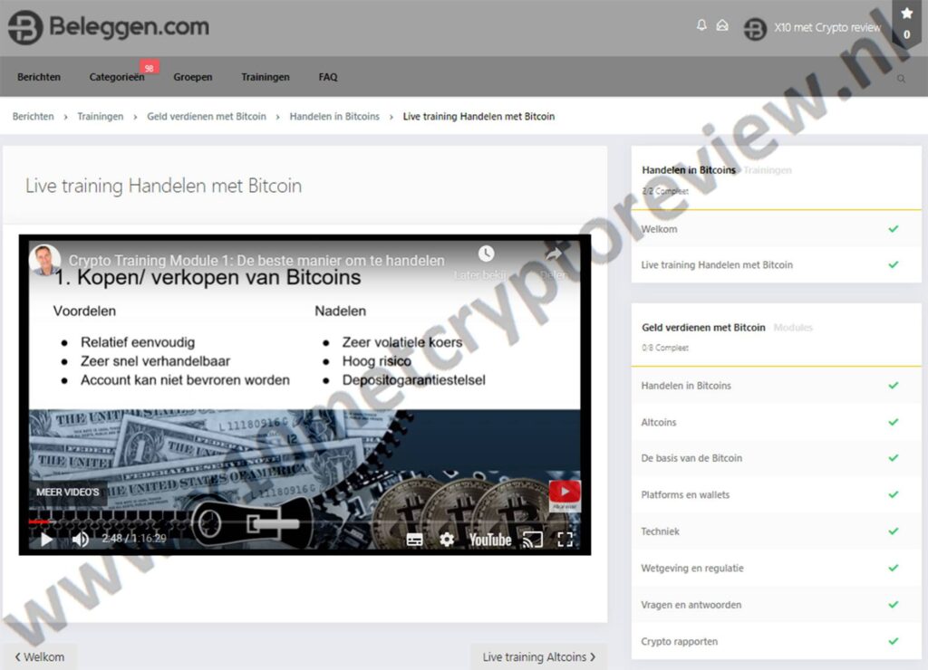 Op deze foto zie je Module 1: Handelen in Bitcoins uit het x10 met crypto programma